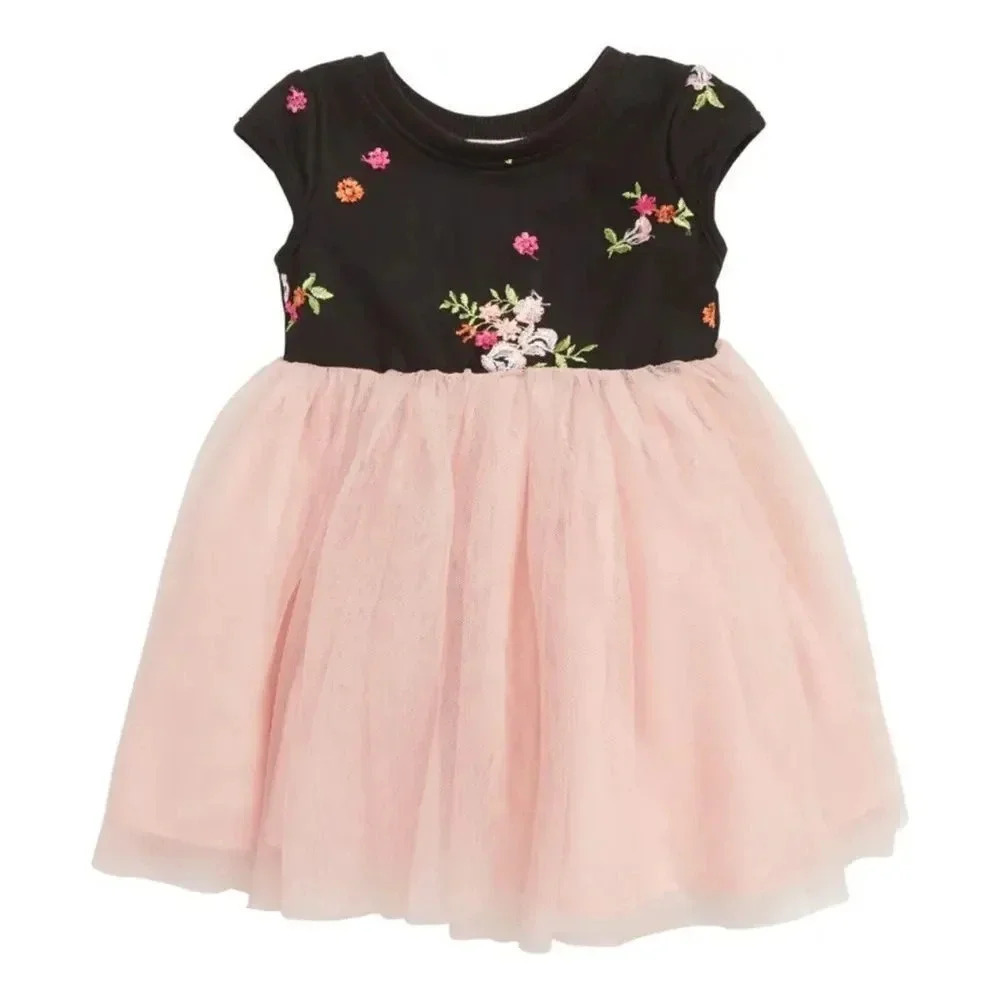 Popatu Floral Embroidered Tulle Dress In Dusty Pink and Black Size 12 mo